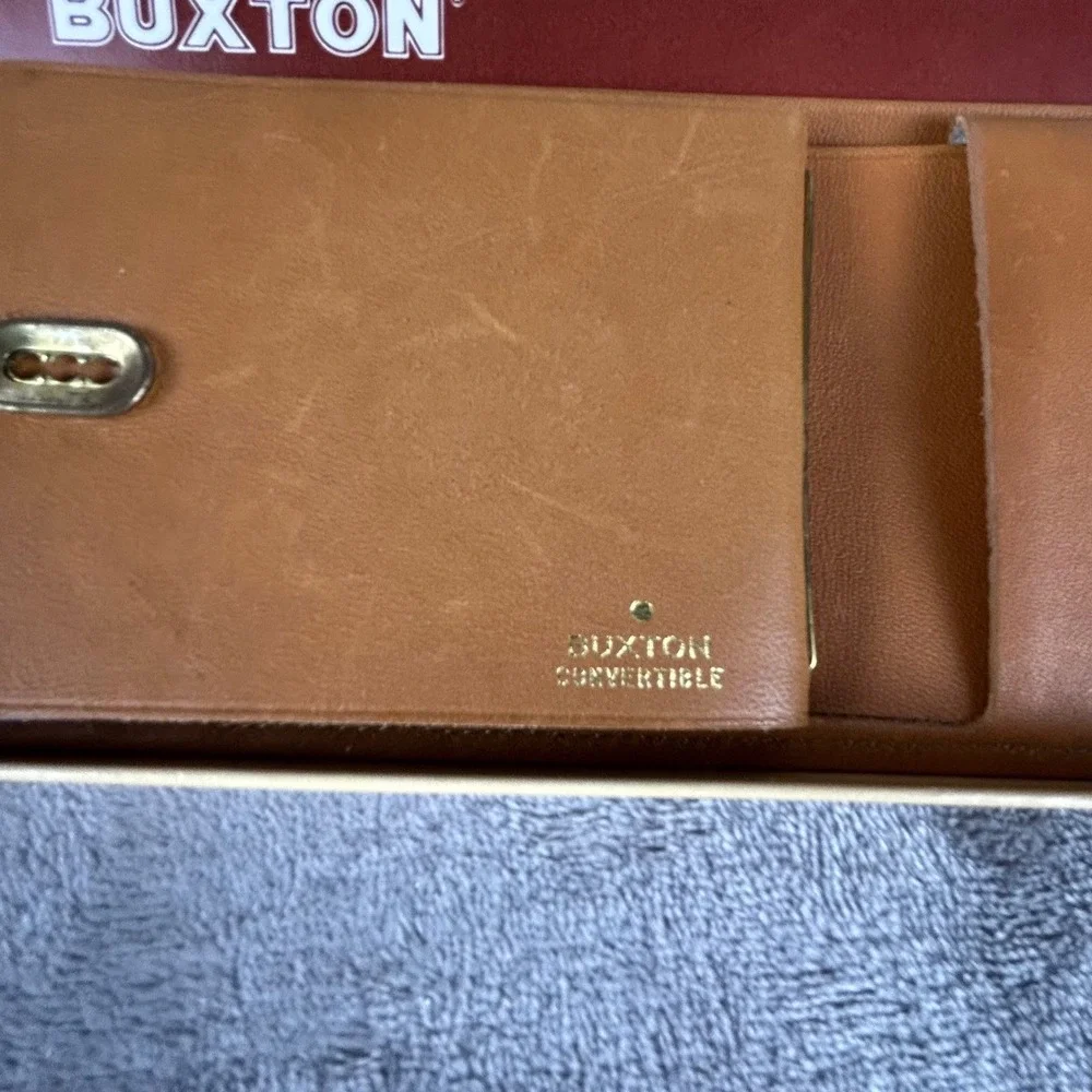 Vintage Buxton Convertible Tan Leather Wallet‎ Slim Bifold with Original Box
